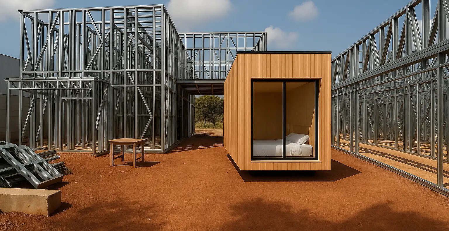 Casa em construção com estrutura de Steel Frame e um módulo pronto instalado ao centro, em terreno de terra vermelha sob céu azul.